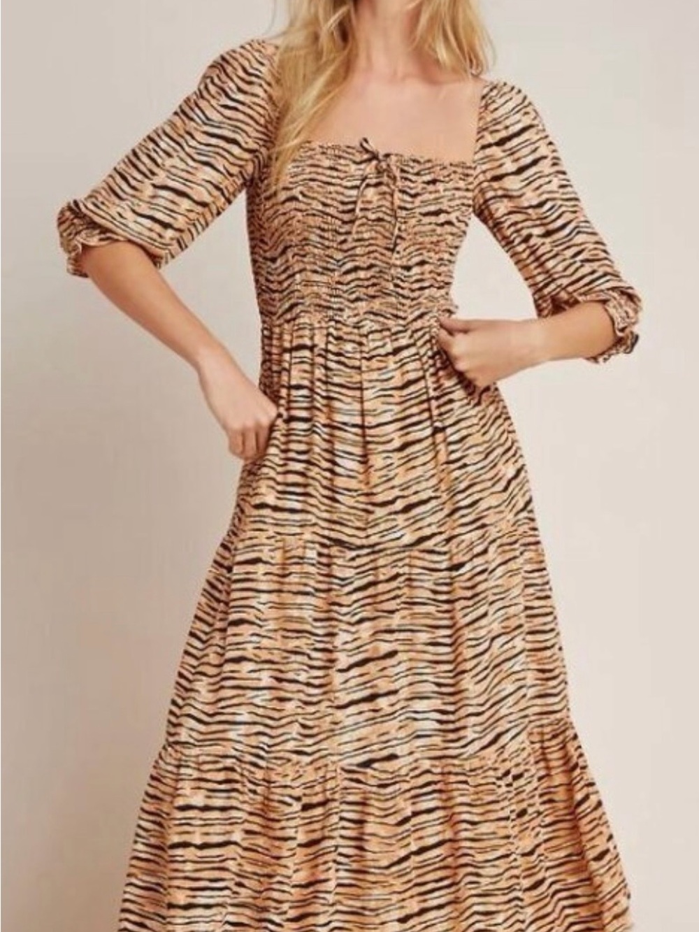 Faithful the Brand Smocked Square-Neck Tiger Print Dress
